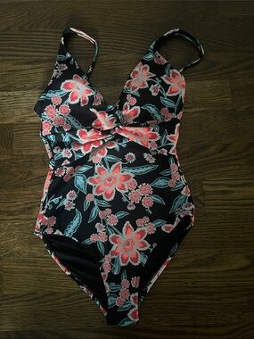 Old Navy Black One-Piece Swimsuit with Pink & Teal Floral Print